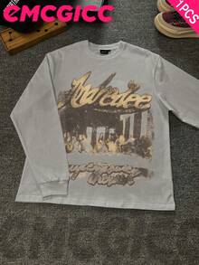 EMCGICC Manfinity Y2k Long Sleeve Shirts ,Graphic T Shirt Cotton 250g,Fashionable Hip-Hop For Men -  Long Sleeve T-Shirts, Funny Vintage Shirts,Regular Fit, Street Style, Digital Print,  Ideal Gift - 淺灰色 - 查看 1