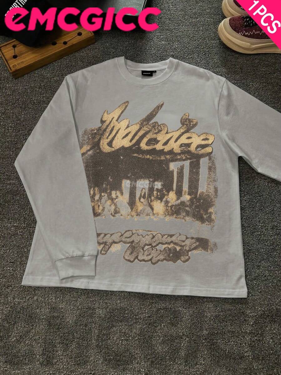 EMCGICC Manfinity Y2k Long Sleeve Shirts ,Graphic T Shirt Cotton 250g,Fashionable Hip-Hop For Men - Long Sleeve T-Shirts, Funny Vintage Shirts,Regular Fit, Street Style, Digital Print, Ideal Gift - 淺灰色 - 查看 1