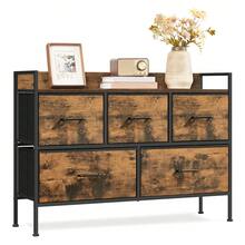 Chest Of Drawers For Bedroom, 5 Fabric Drawers With Handles, Storage Organiser Unit, For Living Room, Hallway, Steel Frame, Rustic Brown And Ink Black - Brown - View 6