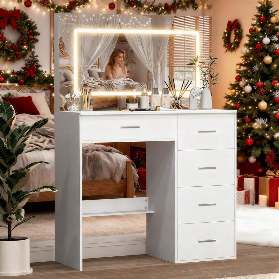Vanity Makeup Table Dressing Desk W/ 5 Drawers Touch-Controlled LED Light Mirror - White - View 1