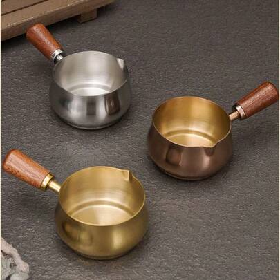 304 Stainless Steel Sauce Pot With Dipping Dish, Western Restaurant Steak Sauce Cup, Tomato Sauce Cup, Snack Seasoning Bowl, Oil Pouring Pot Suitable For Dipping Sauce, Steak Sauce, And Tomato Salad Sauce, Equipped With Wooden Handle, Suitable For Use In Restaurants