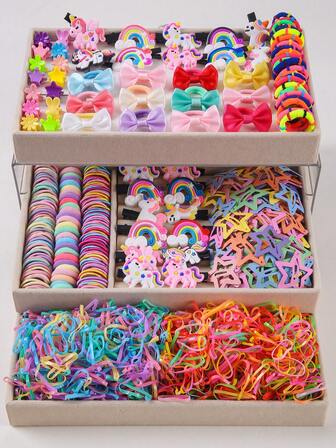 895个/套 彩色彩虹独角兽发夹，可爱公主发饰，高弹耐用不伤发，发圈，发卡，发爪，适合女孩日常使用