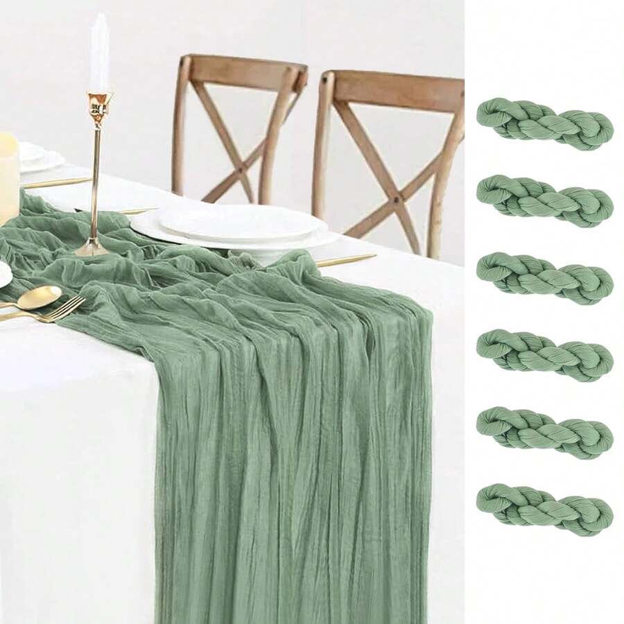 6/1 Set Sage Green Polyester Burlap Table Runner - 3.0M, Machine Made Rustic Boho Style Decor, Suitable For Wedding, Bridal Shower, Birthday, Anniversary, Bachelorette Party - Suitable For Halloween, Christmas, Valentine's Day - Princess Theme, Easy To Use And Reusable - Sage Green - View 1