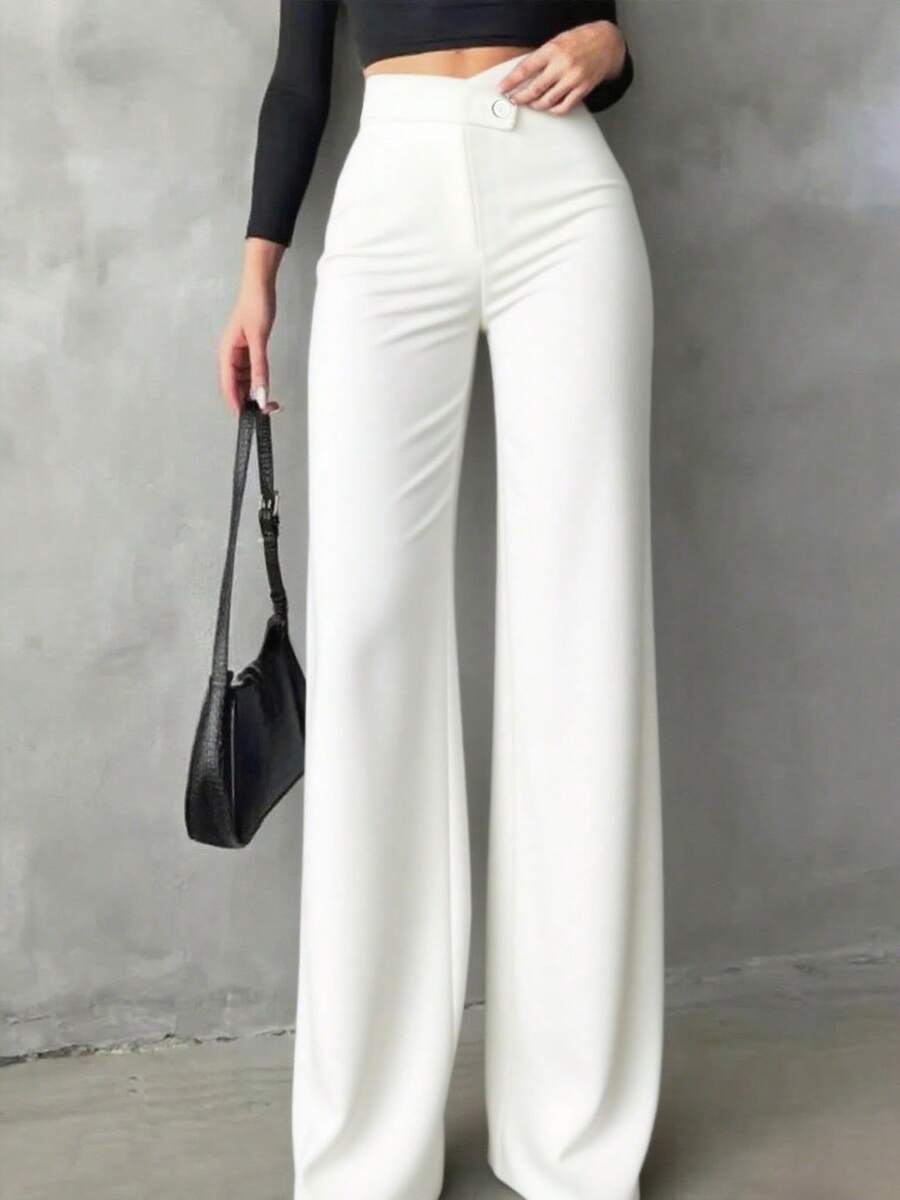 Women's Solid Black Casual Elegant Straight Leg Pants, Essential Back-To-School Item, Asymmetric V-Waistline Accentuates Curves, Suitable For Daily Wear, Office, Dates, Vacation And More White Spring - White - View 1