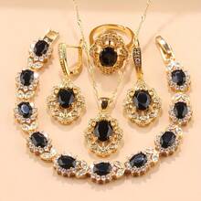 18K Gold Plated Colorful Cubic Zirconia Fashion Party Luxury Quality Wedding Bridal Elegant Jewelry Sets For Women Necklace Pendant Earrings Bracelet Ring 5 Pieces Sets Gift