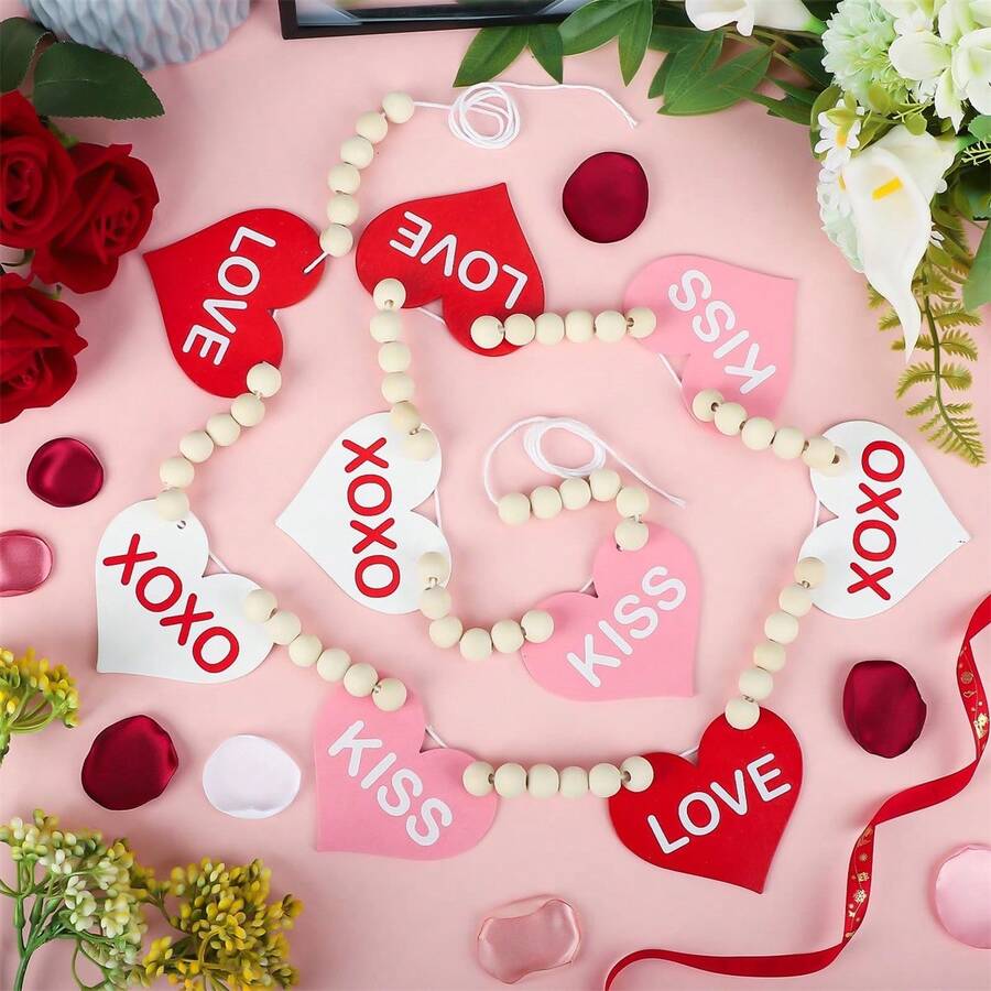 Guirnalda de cuentas para el Día de San Valentín, banderín decorativo en forma de corazón para fiestas en casa - Rojo - Ver 1