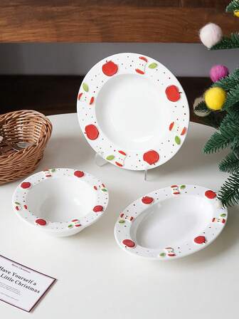 1件手绘苹果陶瓷餐盘，精致迷人的苹果波点沙拉碗/甜点碗/沙拉盘/椭圆形鱼形盘，适合家居装饰、餐桌摆设、餐厅、咖啡馆甜点蛋糕盘，乔迁新居或节日装饰礼品。