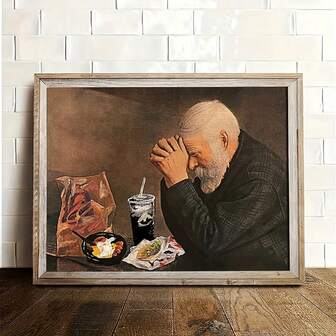 1pc Unframed Canvas Poster, Vintage Art, Daily Food Man Praying On Dining Table Art Poster Print, Ideal Gift For Bedroom Living Room Corridor, Wall Art, Wall Decor, Winter Decor, Room Decoration