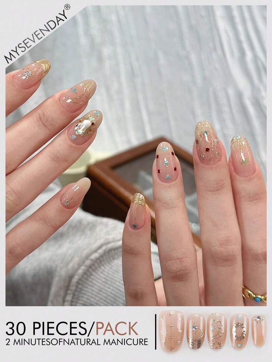 30片椭圆形/短款亚克力美甲贴纸，饰有金色图案和水钻，包含1瓶甲油胶和1把指甲锉，适合女性在秋冬季日常工作、学习和聚会中使用。这款美甲套装也适合派对、节日和日常使用。美甲用品 - 彩色 - 查看 1