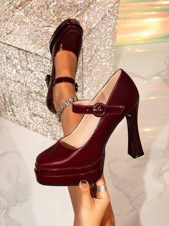 1 Pair Solid Color Fashion Buckle Thick Bottom Low Vamp Pumps, Thick Heel Super High Heel Women Shoes