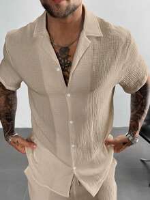 Men's Casual Vacation Shirt, Suitable For Summer Outings And Daily Wear. This Classic Solid Color Loose Short-Sleeve Shirt Features A Button-Up Design, Made Of 100% Lightweight And Breathable Cotton Fabric, Fashionable And Versatile, Ideal For Hawaii Beach Vacations, Music Festivals, And Daily Wear. - Apricot - View 4