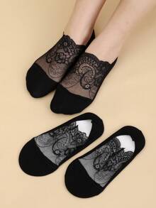3 Pairs Women Lace Trim Cotton Blend Invisible Liner Socks, Suitable For Daily Wear