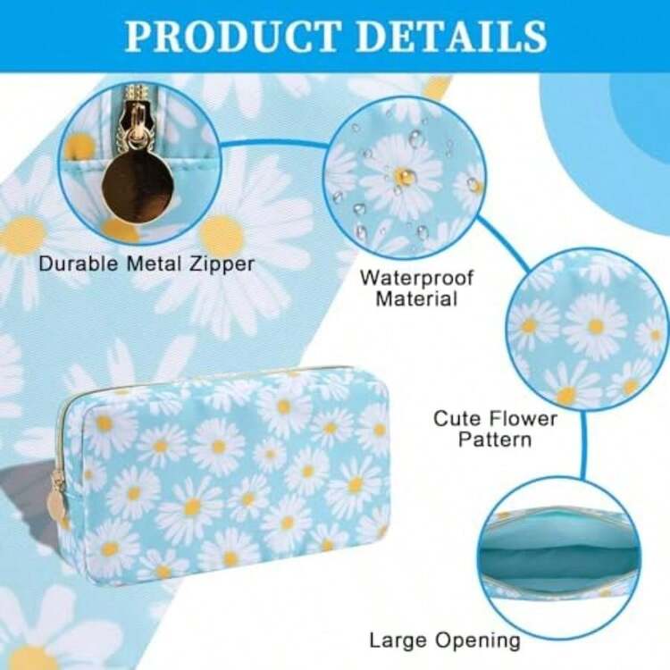 Iqimott - Bolsa de maquillaje grande de nailon, bolsa de viaje, bolsa de cosméticos grande, organizador de maquillaje, bolsa de aseo de gran capacidad, , , Moda(CH Blue-Daisy) - Multicolor - Añade 3