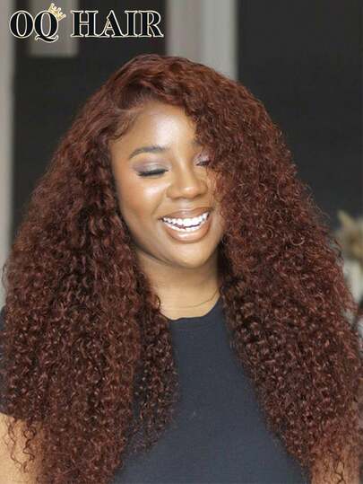 OQ Peluca media cabeza 3 en 1 de cabello humano rizado rizado de color marrón rojizo con densidad del 180% y longitud de 14-28 pulgadas, sin pegamento, para uso diario, , accesorio de cabello para mujeres, regalo de Navidad
