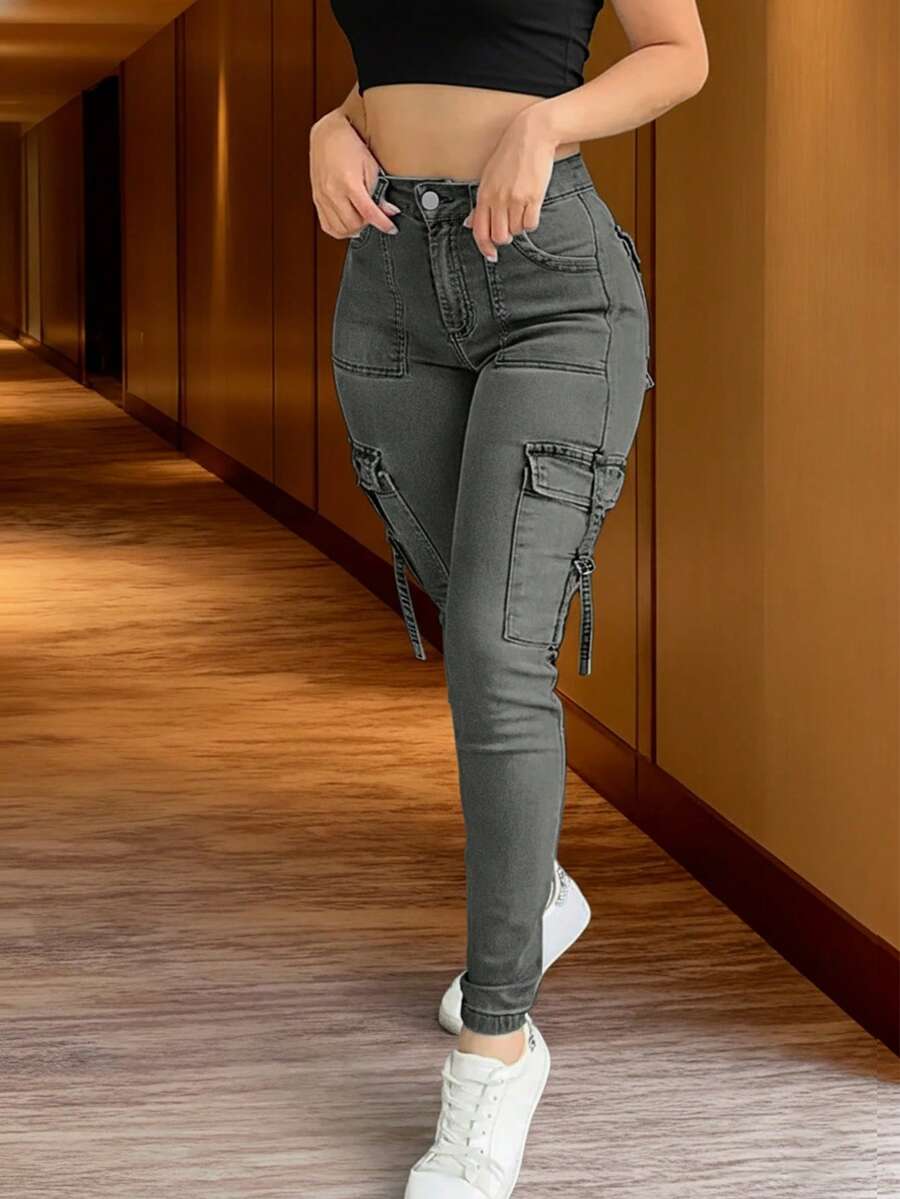 女款 Y2K 修身休闲牛仔翻盖口袋侧边工装裤 - 灰色 - 查看 1