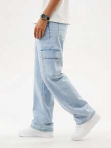 Men's Fashionable Casual Street Style Loose Fit Jeans - 淺色水洗藍 - 查看 3