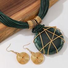 手工夸张多层铝线人造水晶蜡线树脂编织欧美波西米亚复古魅力晚宴派对宴会海蓝色风韩式假日休闲项链耳环 - 墨綠色 - 查看 5