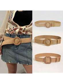 4pcs/2pcs/1pc Women Bohemian Style Wooden Buckle Straw Woven Belt, Suitable For Summer, School, Autumn, Christmas - Multicolor - View 5