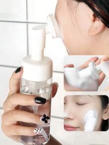 1pc Portable Reusable Transparent Cleansing Mousse Dispenser Bottle With Pump And Silicone Massage Brush Head, Strong Oil Control Gentle Makeup Remover Deep Cleansing Foam Suitable For All Skin Types, Essential Travel Skincare