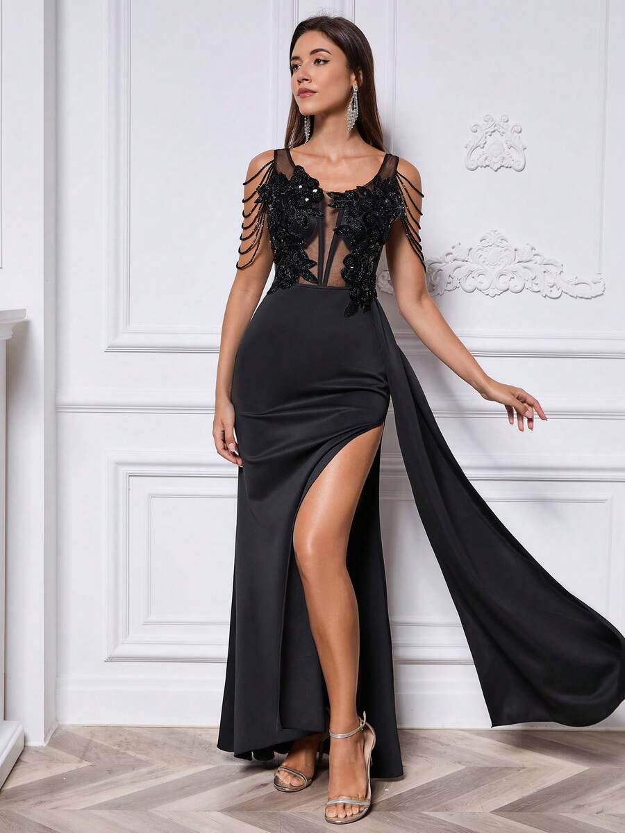 Robe de soirée ajustée de couleur unie élégante avec insert en maille, application florale 3D, strass et décoration à gland, convient pour la plage, le mariage, le gala, le cocktail