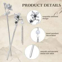 Retro Vintage Asian Chinese Traditional Hanfu Silver Metal Flower Hair Sticks With Pearl Bead Pendants Bamboo Lotus Long Hair Chopsticks Forks Bun Updo Holders Hairpins - 8件 S1 - 查看 3