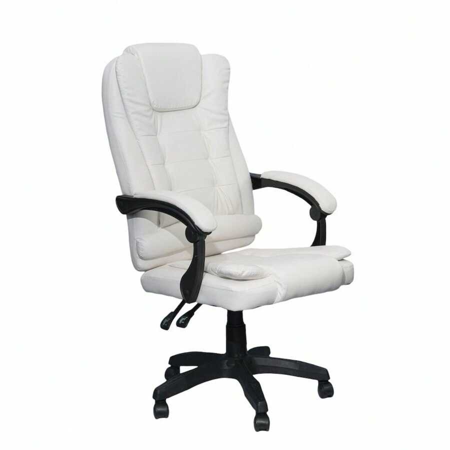 DASCK Sillón de Oficina Reclinable – Cuero Sintético Blanco, Altura Ajustable, Base Giratoria y Apoyabrazos Acolchados – Silla de Dirección Ergonómica - Blanco - Ver 1