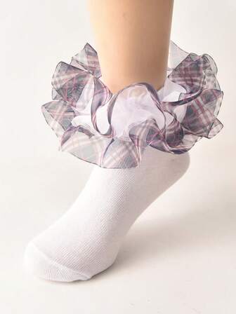 1双女童荷叶边袜，公主风婴儿褶皱格子荷叶边袜