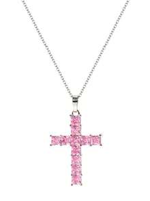 1pc Pink Cross Pendant Necklace Women Men Couple Fashion Zirconia Gold Plated Necklace Party Music Festival Hip Hop Jewelry Gift For Girlfriend Lover