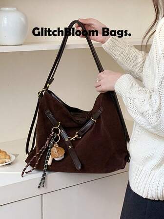 新款秋冬麂皮双肩包，大容量休闲单肩/斜挎/手提包，多功能通勤包，适合女性街头风、派对、送礼（图片中的吊坠不包含在内）