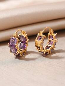 女士立方氧化锆耳环一对，简约时尚耳环，独特小众设计，日常佩戴耳环，生日礼物 - 紫色 - 查看 2