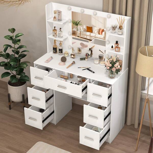 [La mejor opción para regalos de Halloween y Navidad] Tocador con espejo de maquillaje y luces LED, tocador con cajones - Estilo moderno escandinavo, construcción de madera maciza, luces LED regulables con sensor táctil, espacioso organizador de almacenamiento con múltiples divisiones para cosméticos, cuidado de la piel, joyas y accesorios | Tocador perfecto para dormitorio, tocador de baño, organizador de dormitorio | Estética minimalista y fresca, decoración del hogar con un toque chic femenino, disponible para entrega inmediata, el mejor regalo para mujeres, adolescentes, despedidas de soltera.