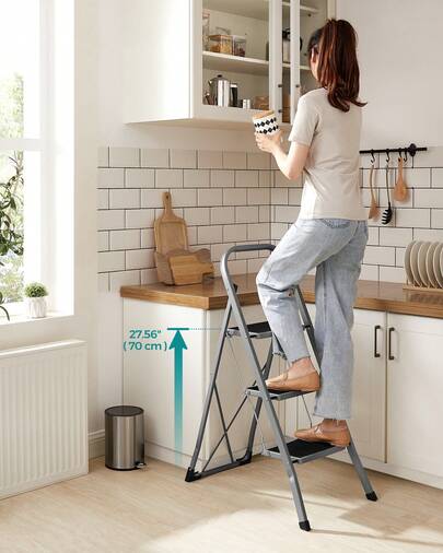 Step Ladder, 3-Step Ladder, Folding Ladder, Safety Lock, Space-Saving Storage, Holds Up To 150 Kg, Grey