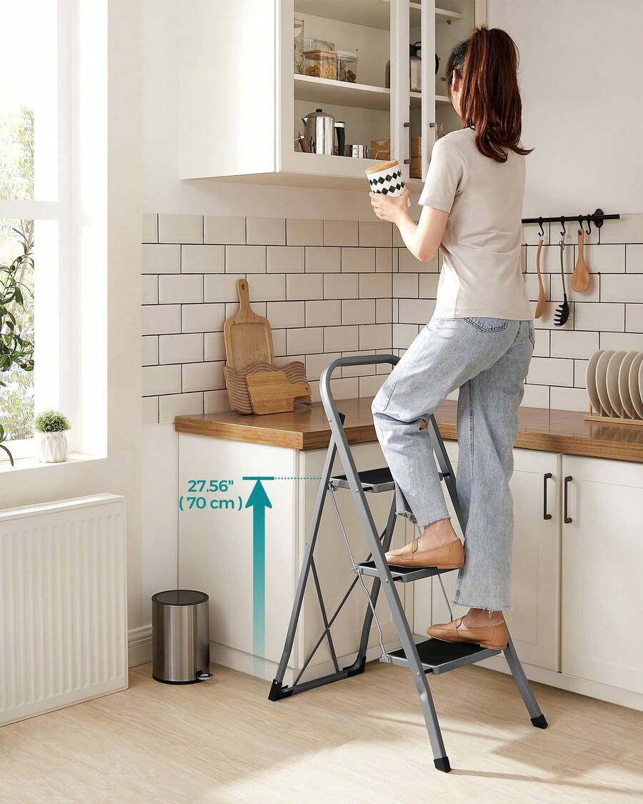 Step Ladder, 3-Step Ladder, Folding Ladder, Safety Lock, Space-Saving Storage, Holds Up To 150 Kg, Grey - Grey - View 1