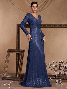 Vestido ajustado de línea A de manga larga con cuello en V con lentejuelas de alta calidad, vestido de noche elegante y de lujo de unicolor para mujeres (con adornos), adecuado para fiestas, graduaciones, bodas, eventos y diversos banquetes y bailes