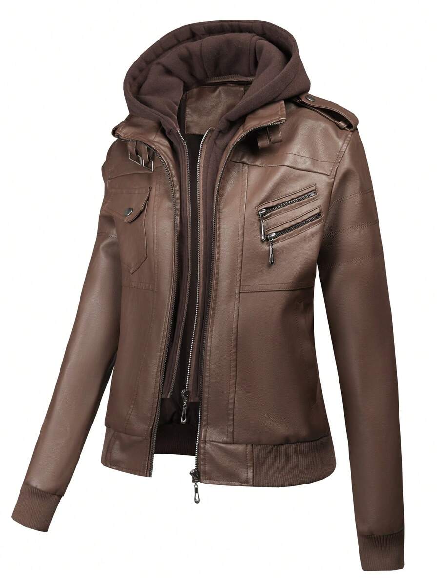 Women'S Faux Leather Jacket - Zip-Up Hooded Coat, Non-Stretchy Structured Fit Long Jacket For Fall/Winter, Everyday & Formal Outfits - Easy-Care Women'S Outerwear, Casual Winter Wear, Texture Design, Durable Outerwear, Fall Fashion, Classic Style, Highquality Material, Stylish Coat, Fashion Women - 咖啡色 - 查看 1