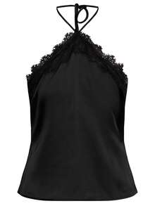 Women Satin Lace Trim Halter Tops Silk Sleeveless Tank Top Vest Y2k Loose Going Out Camisoles Streetwear - 黑色 - 查看 5