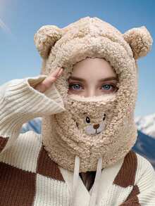 1pc Bear Plush Hat With Mask, Scarf & Hat Set, Unisex Winter Outdoor Riding Windproof Warm Hat, Autumn/Winter Thickened Versatile Balaclava - Multicolor - View 1