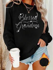 2025 New Sweatshirts " Grandma" Round Neck Sweater With Shiny Letters For Women - 100% Polyester, Dazzling Design And Machine Washable, Ideal For Autumn And Winter Loose And Comfortable - 黑色 - 查看 7