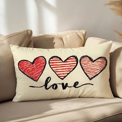 1pc Simple Red Heart Graffiti Pattern Throw Pillow Cover, Soft Peach Velvet Fabric, Single-Sided Printing 30*50CM/40*60CM, Suitable For Living Room, Bedroom, Sofa, Home Decor, Holiday Gift