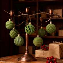 Juego de adornos navideños de bolas de terciopelo, 12 piezas de bolas brillantes/recortadas para colgar en el árbol de Navidad - Verde - Ver 4
