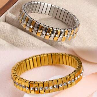 1/2pcs Exquisite Stainless Steel Rhinestone Elastic Zirconia Bracelet, 18K Gold Plated, High-End, Suitable For Daily Wear And Special Occasions