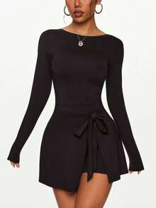 女式夏季无缝防闪烁紧身运动裙，性感开衩系带U型后背网球裙 - 黑色 - 查看 4