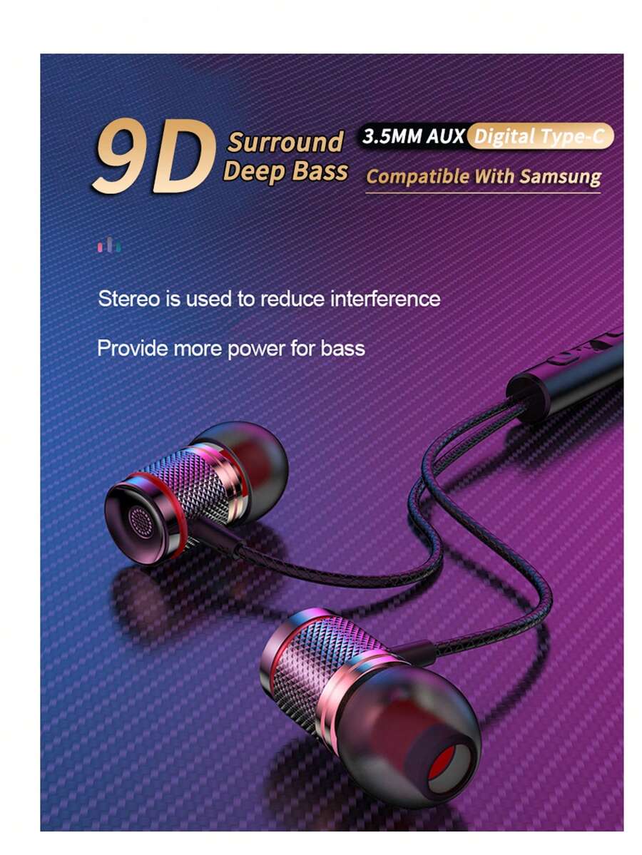 VAORLO 9D High-Fidelity Deep Bass Earphones, 3.5mm AUX/Type-C Interface, Built-In DAC Digital Chip, 7.1 Surround Stereo, In-Ear Wired Headphones With High-Definition Microphone, Lossless Music, Sports & Gaming Earbuds, Compatible With Samsung & Android - Multicolor - View 1