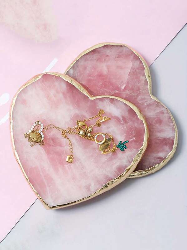 1pc Pink Heart-Shaped Agate Crystal Coaster With Gold Rim - Handmade Gemstone Slice, Suitable For Coffee Cups, Home Decor, And Housewarming, Anniversary, Wedding, Birthday Or Valentine's Day Gifts