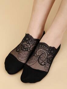 3 Pairs Women Lace Trim Cotton Blend Invisible Liner Socks, Suitable For Daily Wear