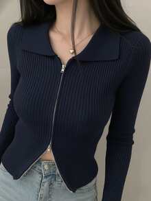 2025 Autumn/Winter Women's Long Sleeve Knitted Cardigan With Reversible Zipper Design - Navy Blue - View 2