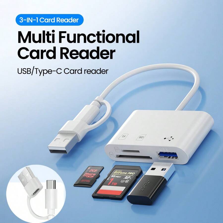 USB 3.0 三合一读卡器，USB/Type-C 转 SD/TF 卡多功能闪存卡适配器，适用于 PC 笔记本电脑的高速适配器