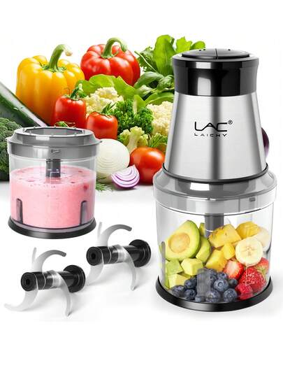 LAC Matberedare 4 koppar, köttkvarn med 2 skålar, elektrisk mathackare, kraftfull motor 2 hastigheter och 4 blad för barnmat, kött, lök, grönsaker, frukt