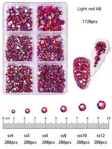 1728入組方背晶體玻璃美甲鑽石，4#-12#共6個尺寸混合DIY裝飾指甲、衣服、包包、髮飾、汽車、寢具、吊飾等。適合青少女、女性美甲、眼妝、臉貼、珠寶飾品裝飾等。6袋水晶玻璃方背鑽石，指甲美麗的裝飾寶石和美甲工具。 - 彩色 - 查看 72