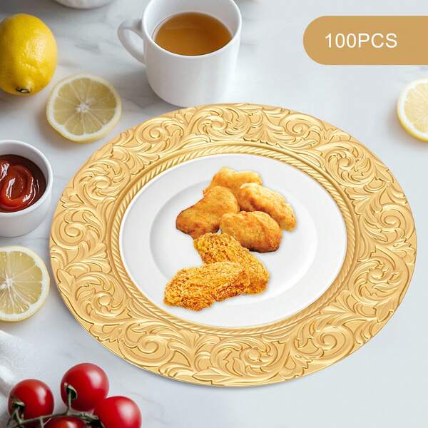 100Pcs Antique Charger Plates Bulk,Dinnerware 13'' Plastic Embossed Dinner Plate Chargers , Round Floral Plates For Wedding Decorative Chargers For Table Dinner Kitchen Party Decoration